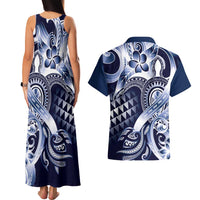 Aloha Blue Tribal Honu Tattoo Couples Matching Tank Maxi Dress and Hawaiian Shirt