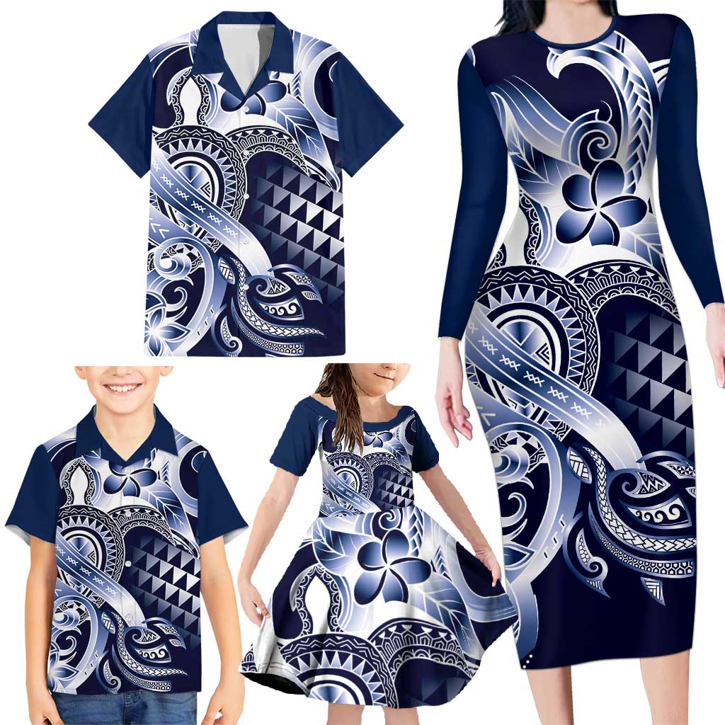 Aloha Blue Tribal Honu Tattoo Family Matching Long Sleeve Bodycon Dress and Hawaiian Shirt