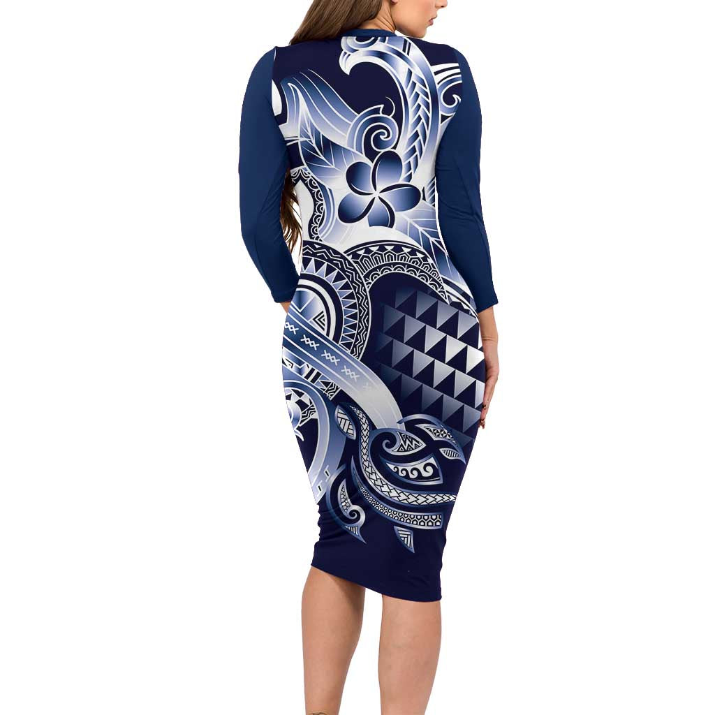 Aloha Blue Tribal Honu Tattoo Family Matching Long Sleeve Bodycon Dress and Hawaiian Shirt