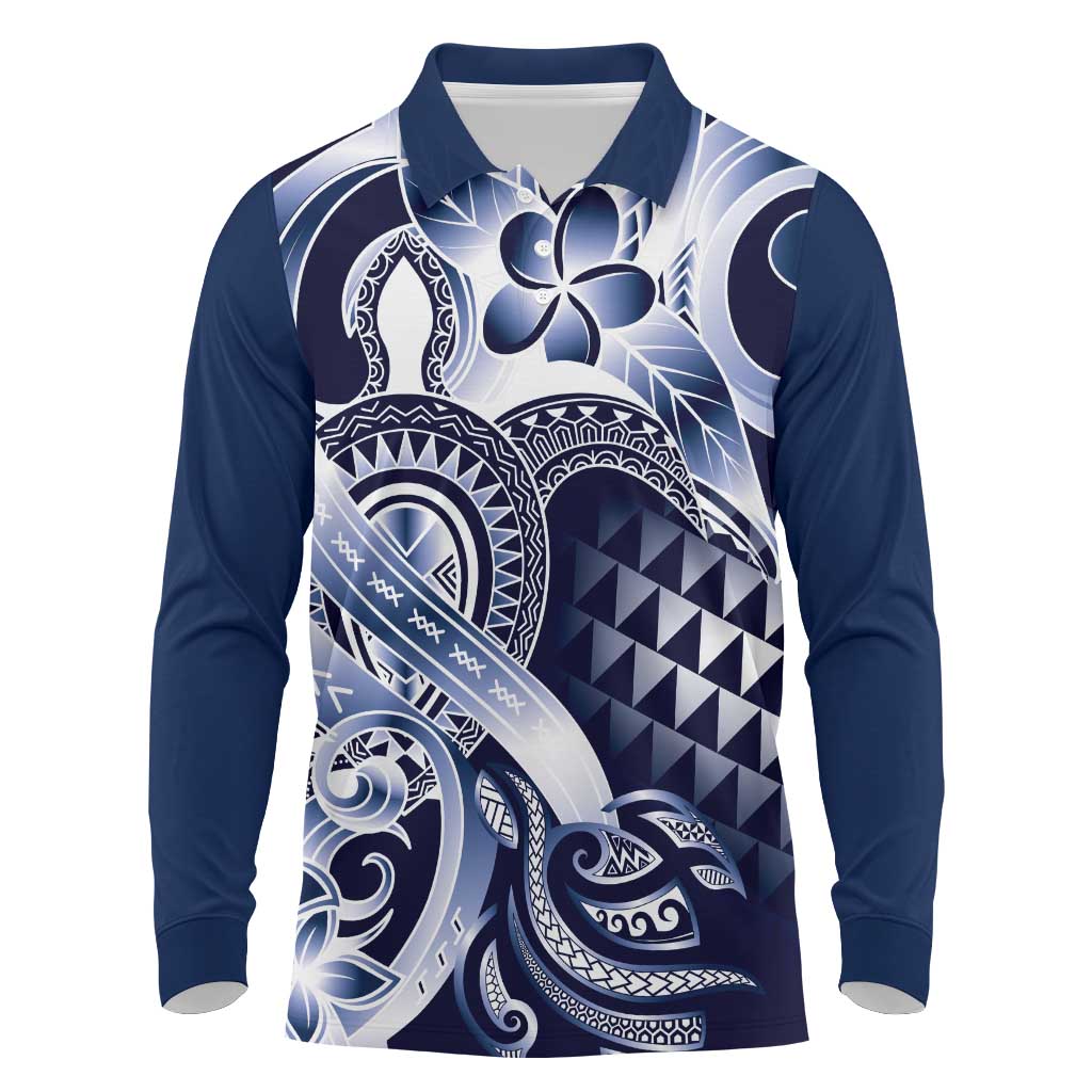 Aloha Blue Tribal Honu Tattoo Long Sleeve Polo Shirt LT9 Blue - Polynesian Pride
