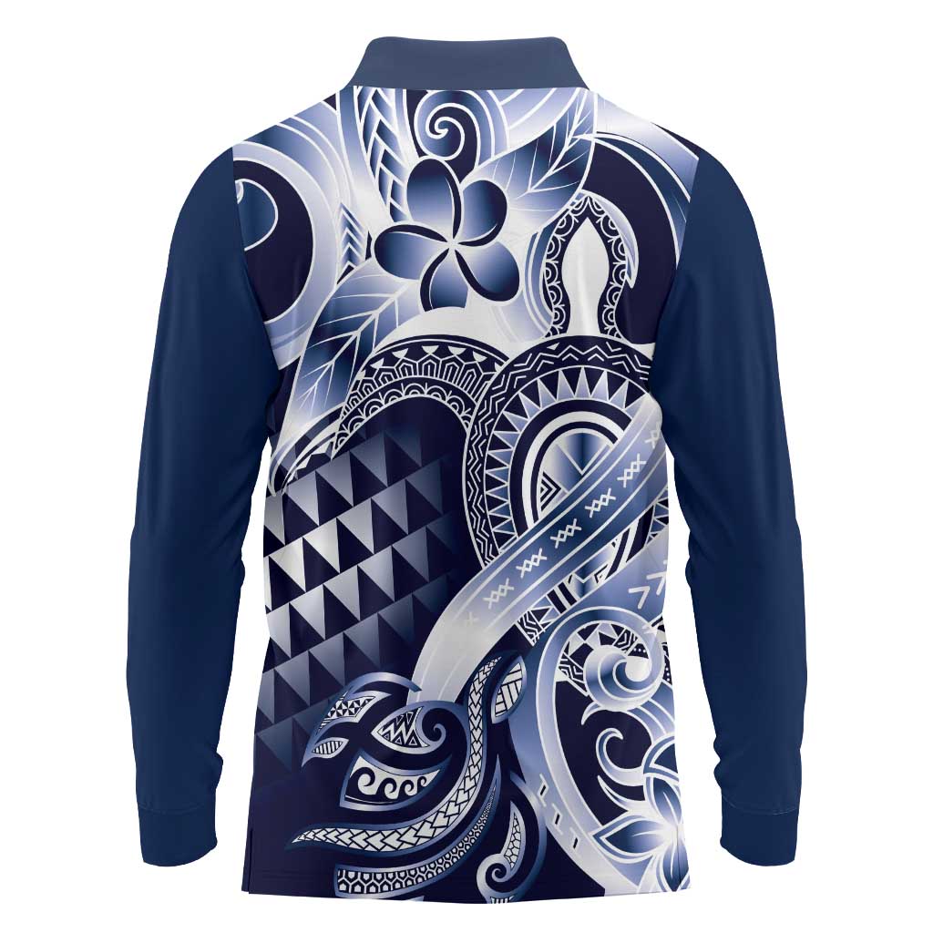 Aloha Blue Tribal Honu Tattoo Long Sleeve Polo Shirt LT9 - Polynesian Pride