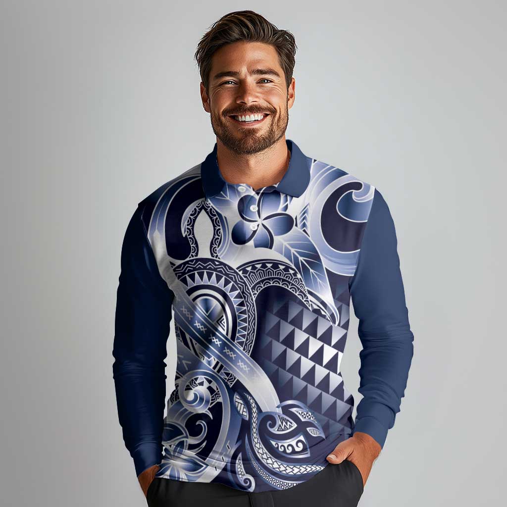 Aloha Blue Tribal Honu Tattoo Long Sleeve Polo Shirt LT9 - Polynesian Pride