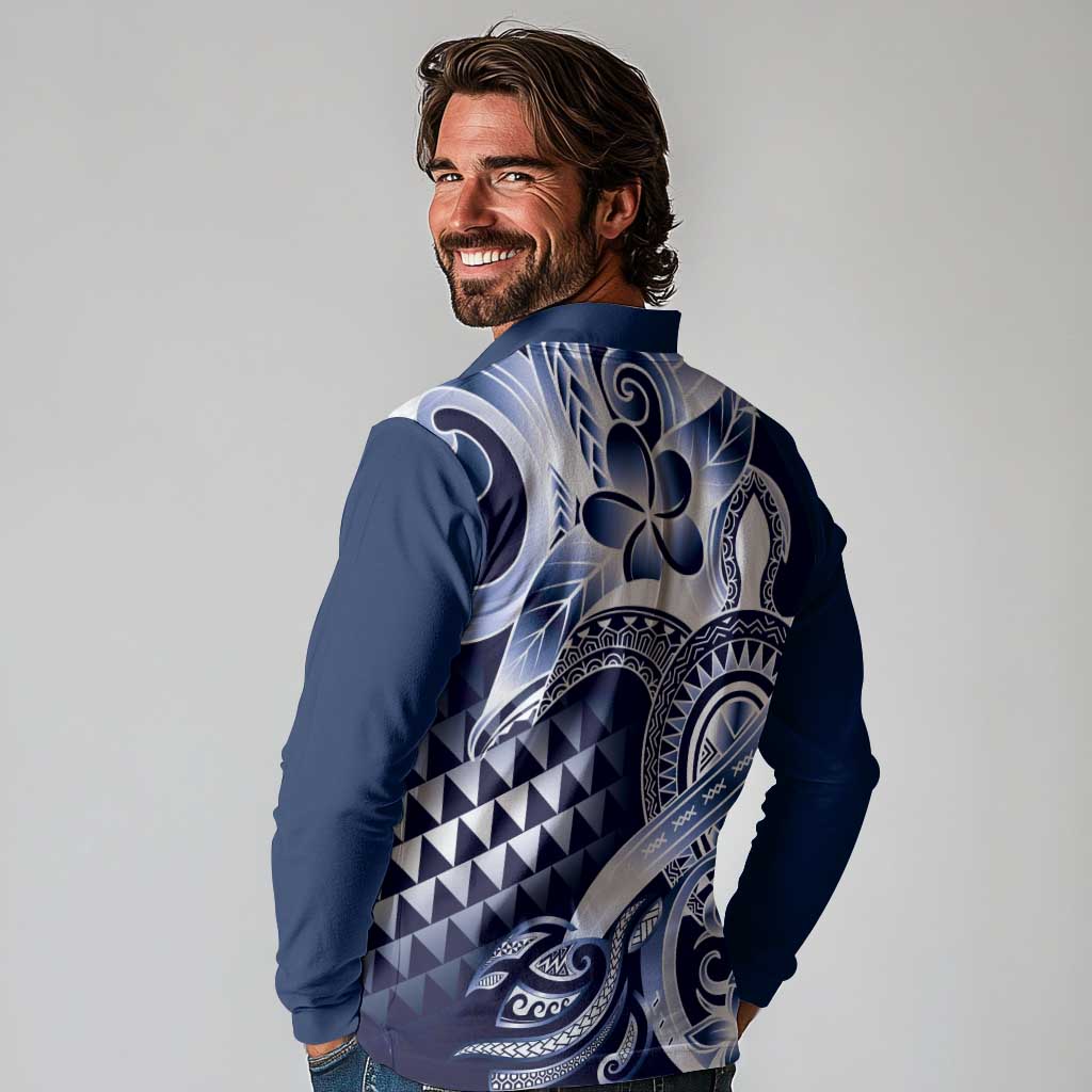 Aloha Blue Tribal Honu Tattoo Long Sleeve Polo Shirt LT9 - Polynesian Pride