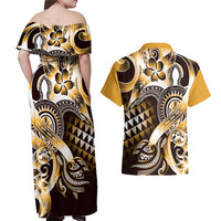 Aloha Gold Tribal Honu Tattoo Couples Matching Off Shoulder Maxi Dress and Hawaiian Shirt
