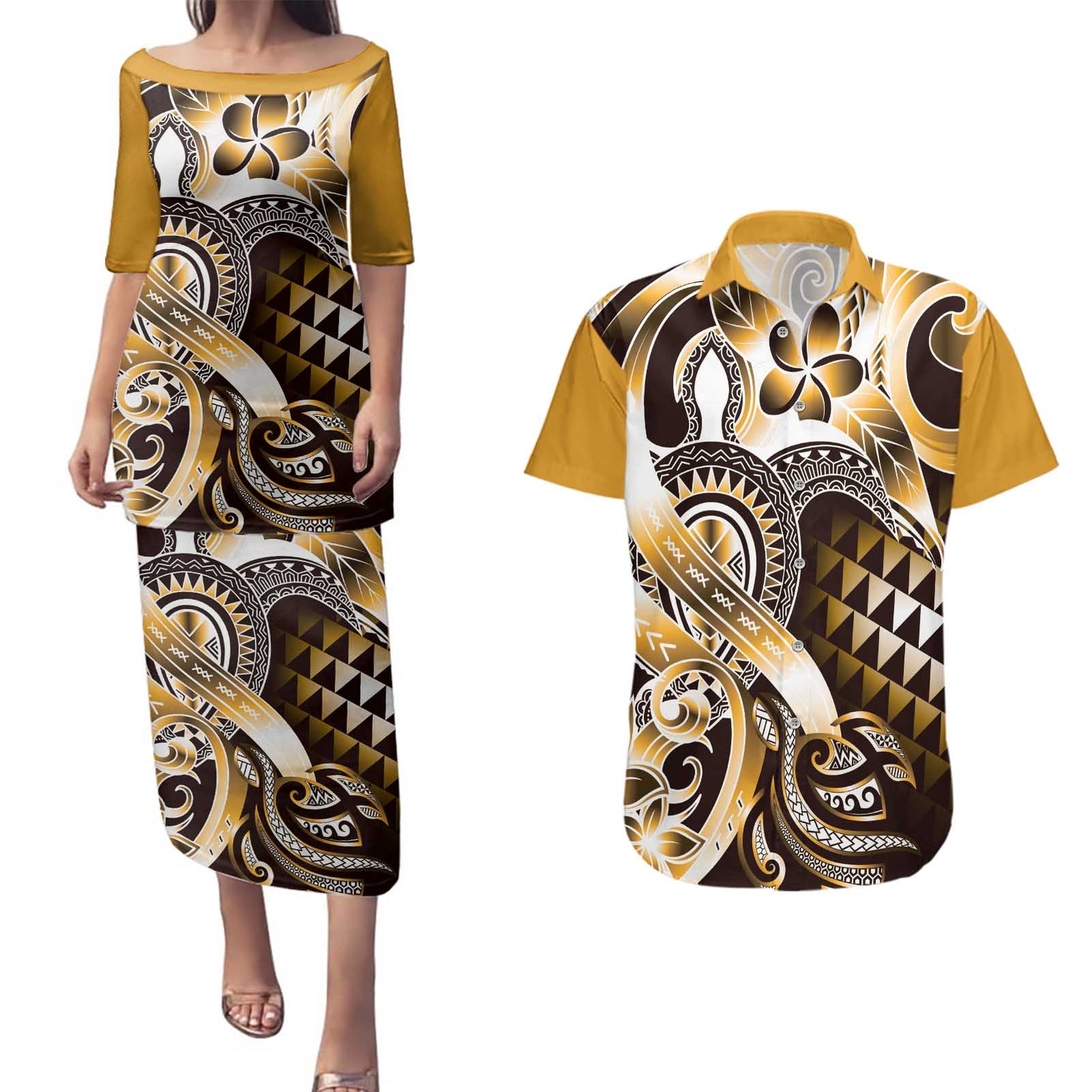 Aloha Gold Tribal Honu Tattoo Couples Matching Puletasi and Hawaiian Shirt