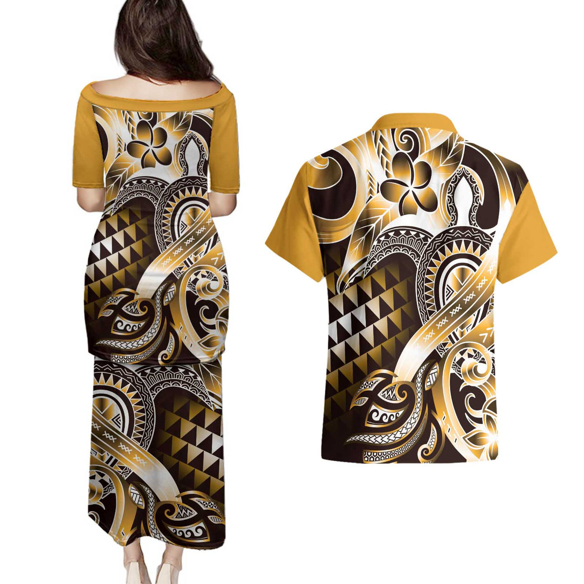 Aloha Gold Tribal Honu Tattoo Couples Matching Puletasi and Hawaiian Shirt