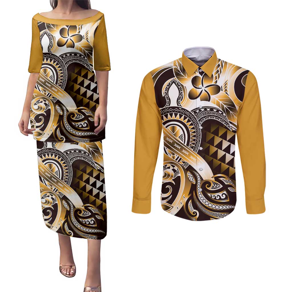 Aloha Gold Tribal Honu Tattoo Couples Matching Puletasi and Long Sleeve Button Shirt LT9 Gold - Polynesian Pride