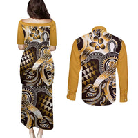 Aloha Gold Tribal Honu Tattoo Couples Matching Puletasi and Long Sleeve Button Shirt LT9 - Polynesian Pride