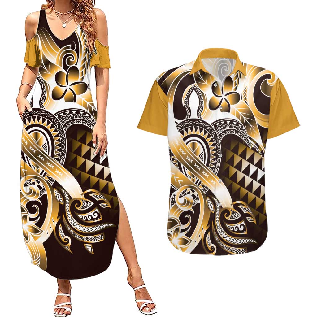 Aloha Gold Tribal Honu Tattoo Couples Matching Summer Maxi Dress and Hawaiian Shirt