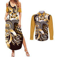 Aloha Gold Tribal Honu Tattoo Couples Matching Summer Maxi Dress and Long Sleeve Button Shirt LT9 Gold - Polynesian Pride