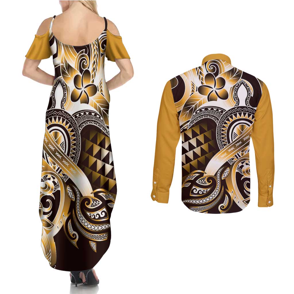 Aloha Gold Tribal Honu Tattoo Couples Matching Summer Maxi Dress and Long Sleeve Button Shirt LT9 - Polynesian Pride