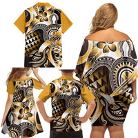 Aloha Gold Tribal Honu Tattoo Family Matching Off Shoulder Short Dress and Hawaiian Shirt