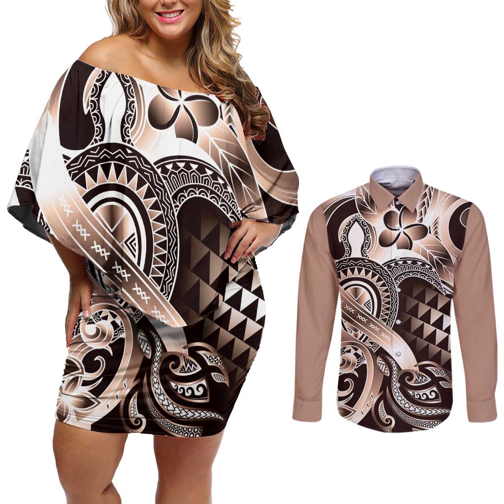 Aloha Mocha Mousse Tribal Honu Tattoo Couples Matching Off Shoulder Short Dress and Long Sleeve Button Shirt LT9 Mocha Mousse - Polynesian Pride