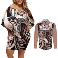 Aloha Mocha Mousse Tribal Honu Tattoo Couples Matching Off Shoulder Short Dress and Long Sleeve Button Shirt LT9 Mocha Mousse - Polynesian Pride
