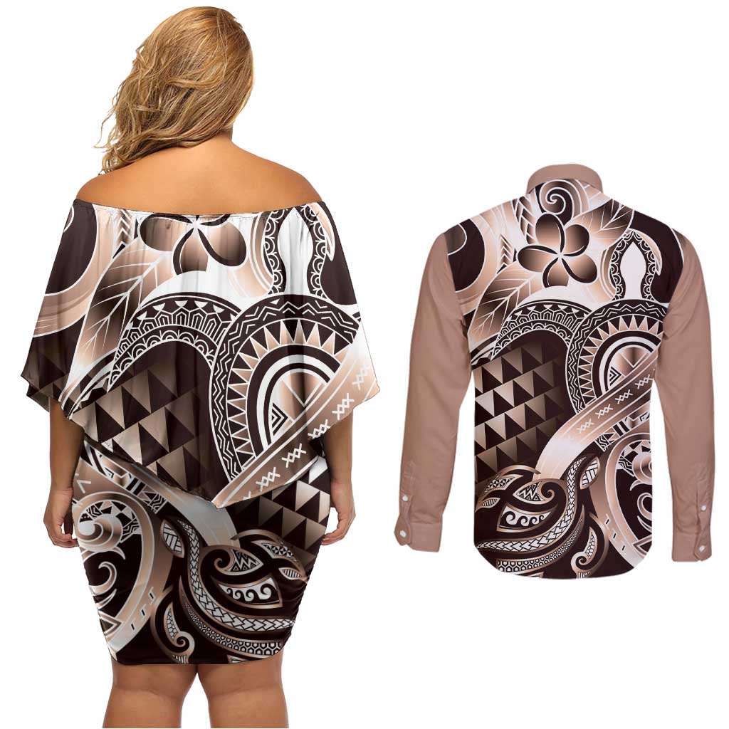 Aloha Mocha Mousse Tribal Honu Tattoo Couples Matching Off Shoulder Short Dress and Long Sleeve Button Shirt LT9 - Polynesian Pride