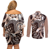 Aloha Mocha Mousse Tribal Honu Tattoo Couples Matching Off Shoulder Short Dress and Long Sleeve Button Shirt LT9 - Polynesian Pride