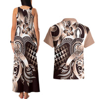 Aloha Mocha Mousse Tribal Honu Tattoo Couples Matching Tank Maxi Dress and Hawaiian Shirt