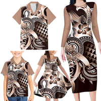 Aloha Mocha Mousse Tribal Honu Tattoo Family Matching Long Sleeve Bodycon Dress and Hawaiian Shirt