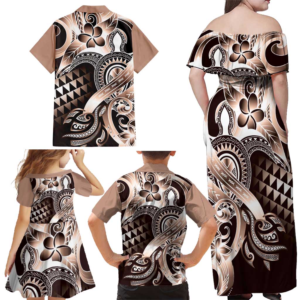 Aloha Mocha Mousse Tribal Honu Tattoo Family Matching Off Shoulder Maxi Dress and Hawaiian Shirt