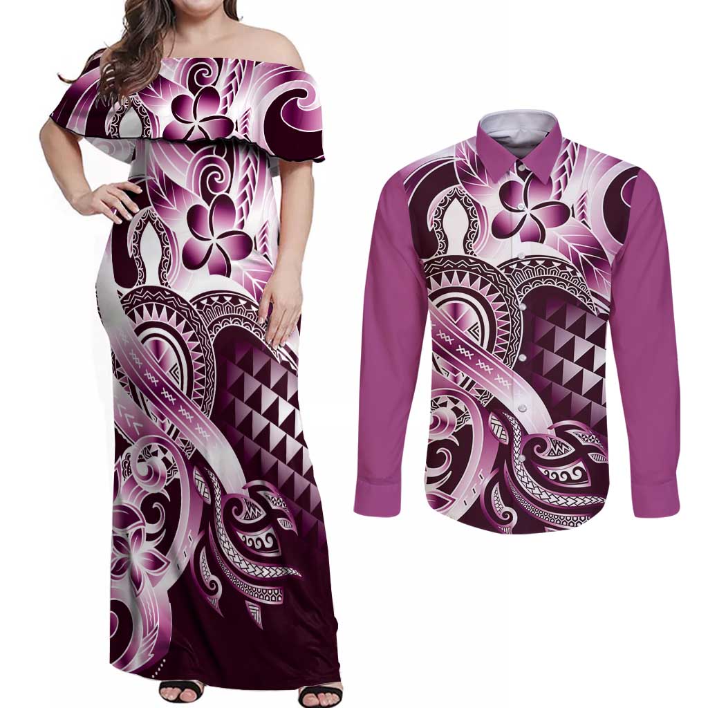 Aloha Pink Tribal Honu Tattoo Couples Matching Off Shoulder Maxi Dress and Long Sleeve Button Shirt LT9 Pink - Polynesian Pride