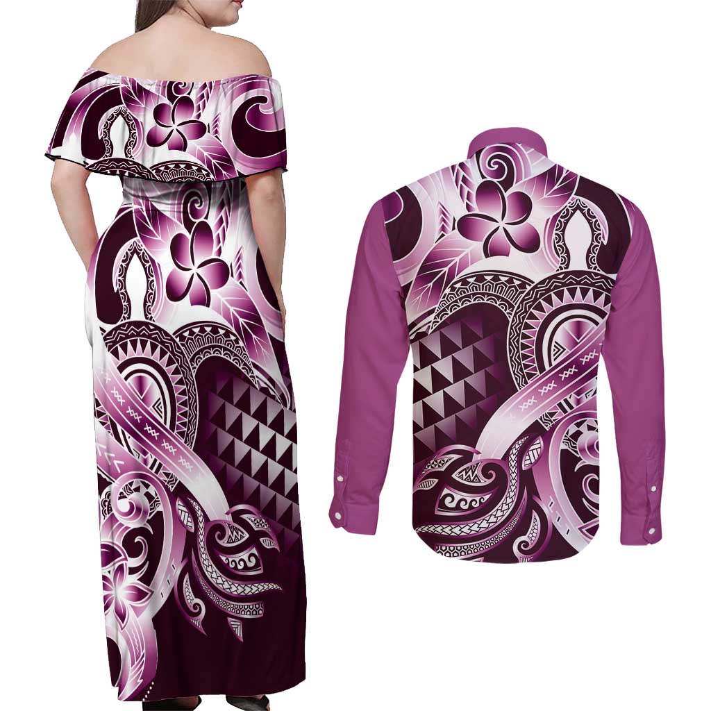 Aloha Pink Tribal Honu Tattoo Couples Matching Off Shoulder Maxi Dress and Long Sleeve Button Shirt LT9 - Polynesian Pride