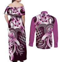 Aloha Pink Tribal Honu Tattoo Couples Matching Off Shoulder Maxi Dress and Long Sleeve Button Shirt LT9 - Polynesian Pride