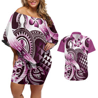 Aloha Pink Tribal Honu Tattoo Couples Matching Off Shoulder Short Dress and Hawaiian Shirt