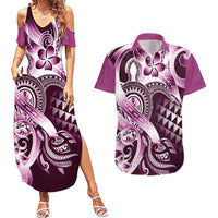 Aloha Pink Tribal Honu Tattoo Couples Matching Summer Maxi Dress and Hawaiian Shirt