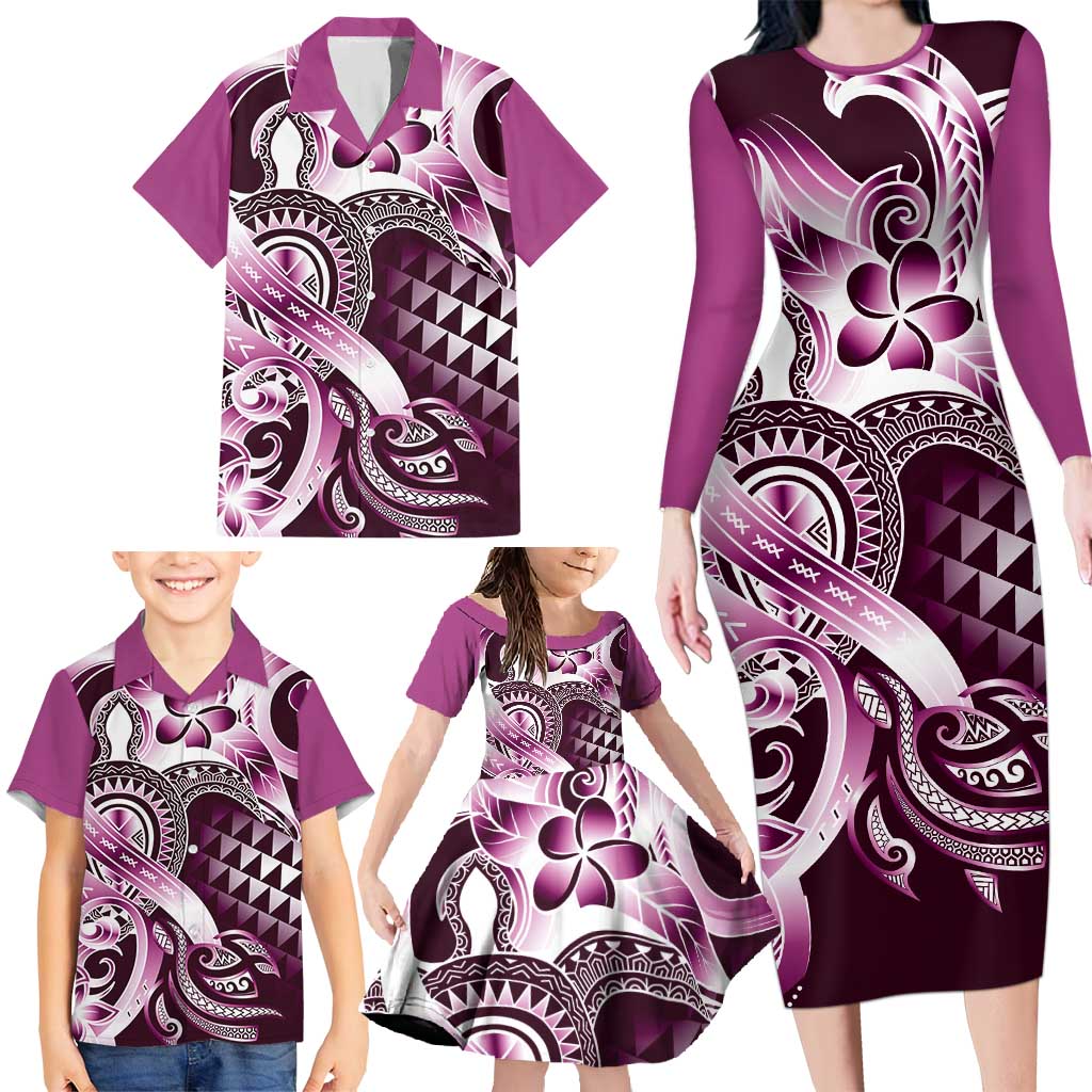 Aloha Pink Tribal Honu Tattoo Family Matching Long Sleeve Bodycon Dress and Hawaiian Shirt