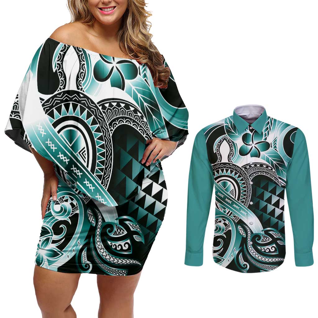 Aloha Turquoise Tribal Honu Tattoo Couples Matching Off Shoulder Short Dress and Long Sleeve Button Shirt LT9 Turquoise - Polynesian Pride