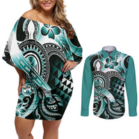 Aloha Turquoise Tribal Honu Tattoo Couples Matching Off Shoulder Short Dress and Long Sleeve Button Shirt LT9 Turquoise - Polynesian Pride