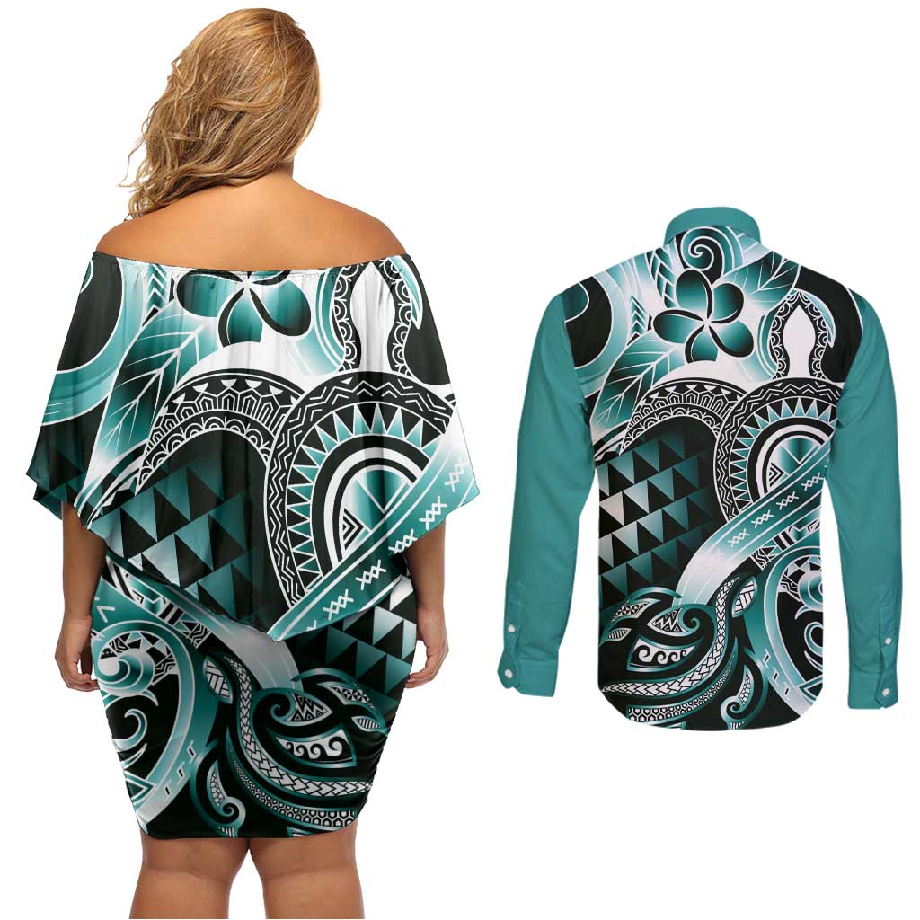 Aloha Turquoise Tribal Honu Tattoo Couples Matching Off Shoulder Short Dress and Long Sleeve Button Shirt LT9 - Polynesian Pride