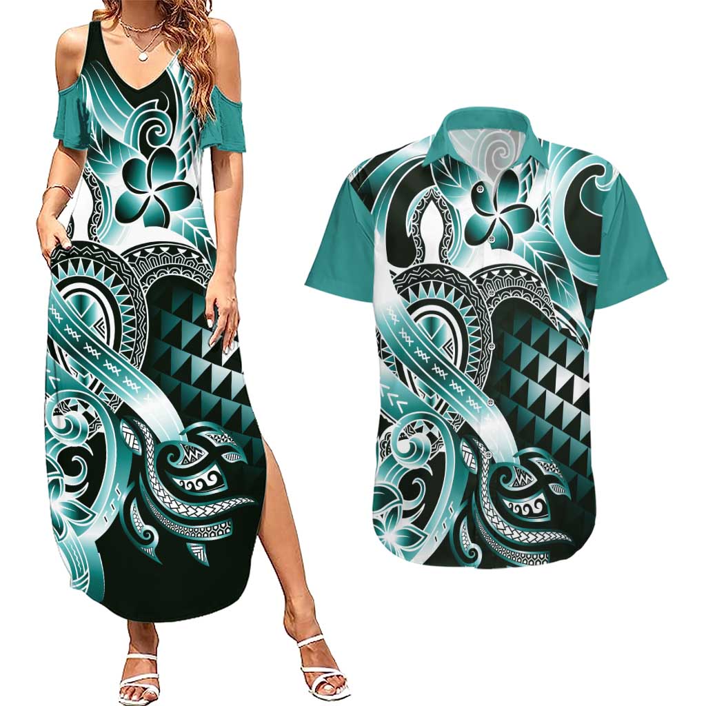 Aloha Turquoise Tribal Honu Tattoo Couples Matching Summer Maxi Dress and Hawaiian Shirt