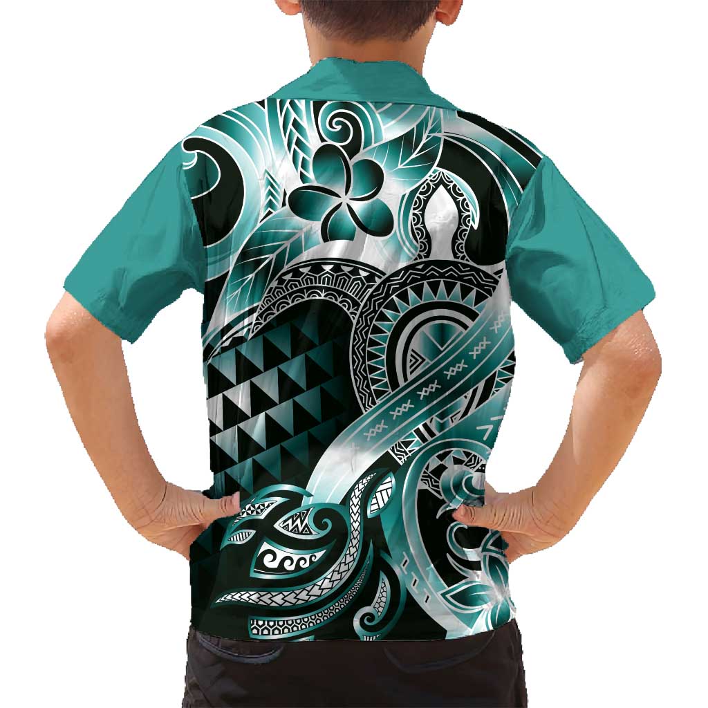 Aloha Turquoise Tribal Honu Tattoo Family Matching Long Sleeve Bodycon Dress and Hawaiian Shirt