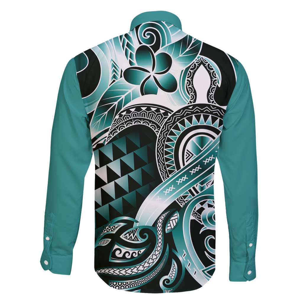 Aloha Turquoise Tribal Honu Tattoo Family Matching Long Sleeve Bodycon Dress and Hawaiian Shirt