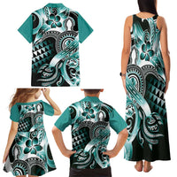 Aloha Turquoise Tribal Honu Tattoo Family Matching Tank Maxi Dress and Hawaiian Shirt