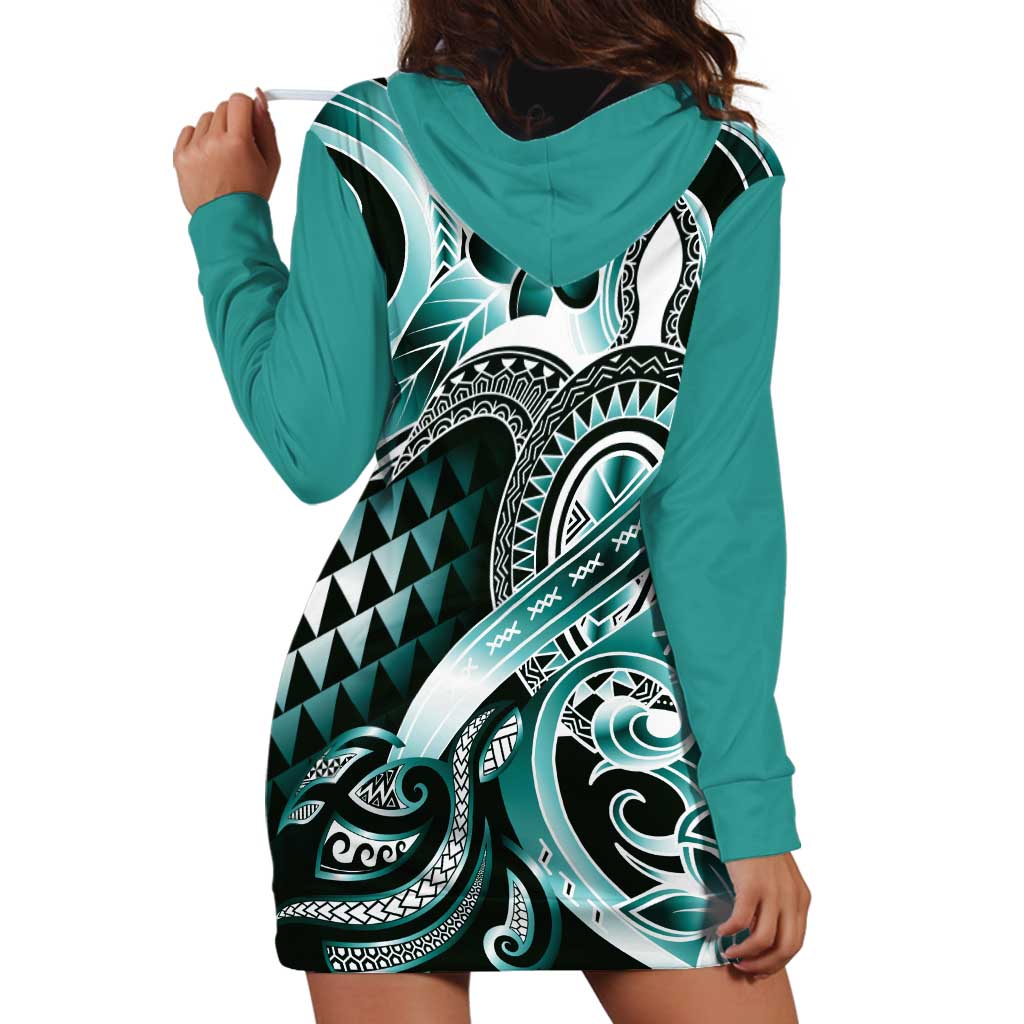 Aloha Turquoise Tribal Honu Tattoo Hoodie Dress LT9 - Polynesian Pride