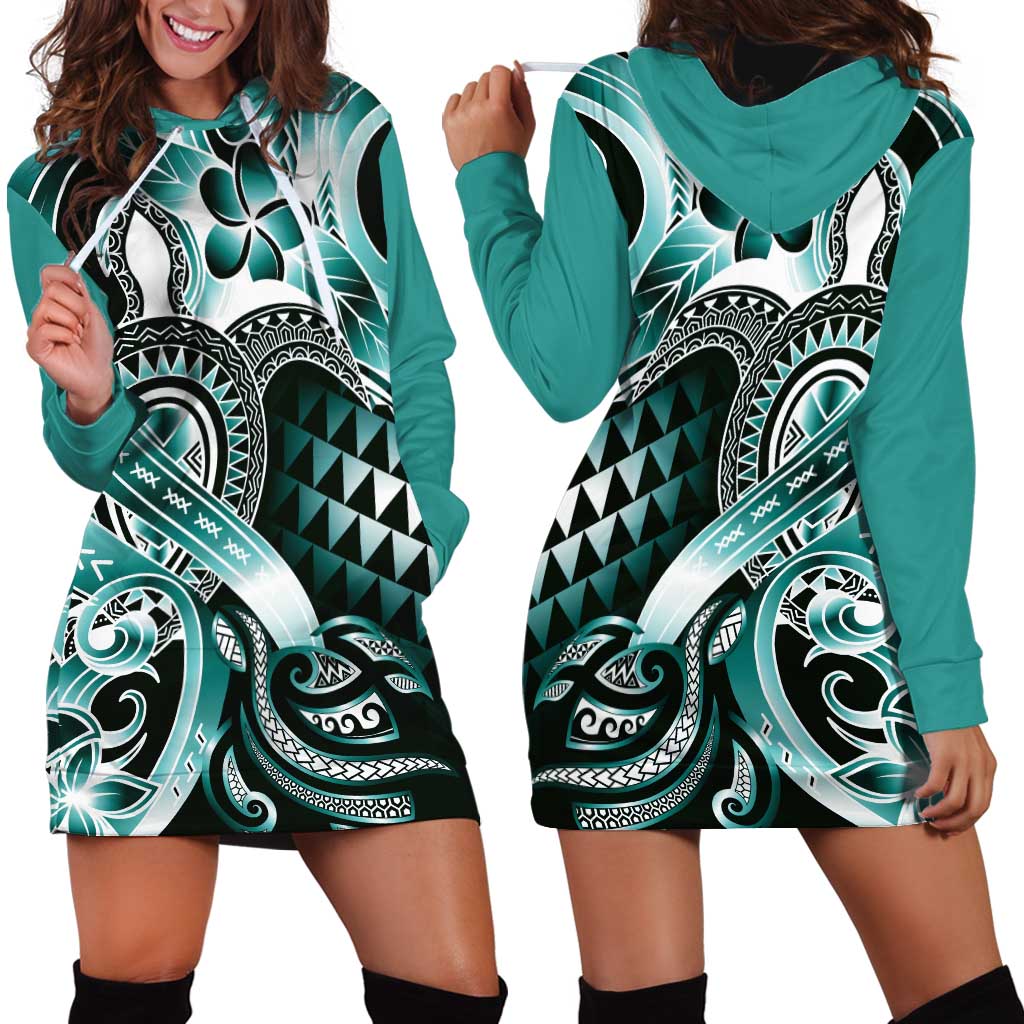 Aloha Turquoise Tribal Honu Tattoo Hoodie Dress LT9 - Polynesian Pride