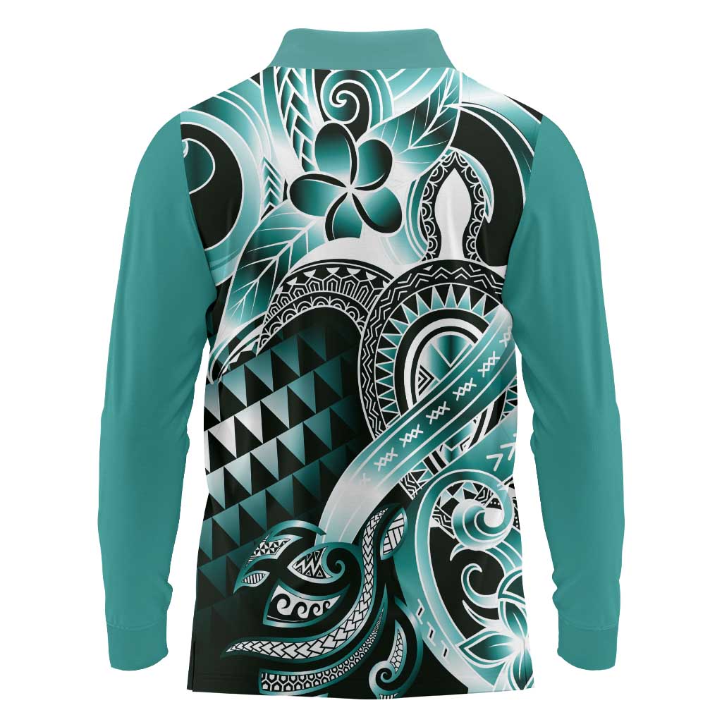Aloha Turquoise Tribal Honu Tattoo Long Sleeve Polo Shirt LT9 - Polynesian Pride