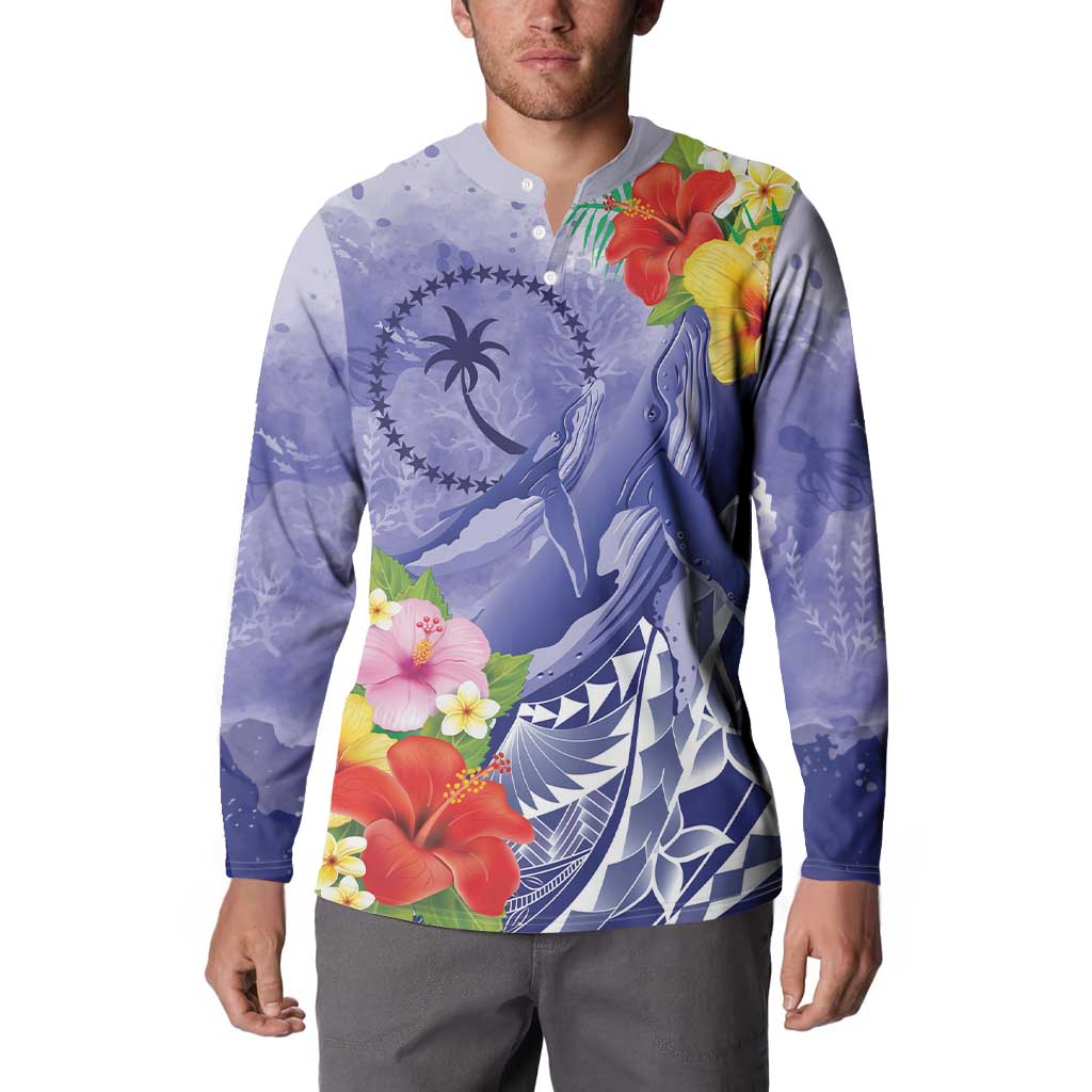 Personalised Chuuk States Humpback Whale Button Sweatshirt Polynesian Tropical Flowers