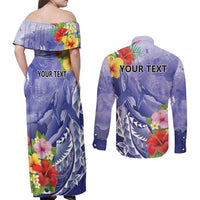 Personalised Chuuk States Humpback Whale Couples Matching Off Shoulder Maxi Dress and Long Sleeve Button Shirt Polynesian Tropical Flowers