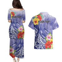 Personalised Chuuk States Humpback Whale Couples Matching Puletasi and Hawaiian Shirt Polynesian Tropical Flowers