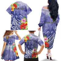 Personalised Chuuk States Humpback Whale Family Matching Off The Shoulder Long Sleeve Dress and Hawaiian Shirt Polynesian Tropical Flowers