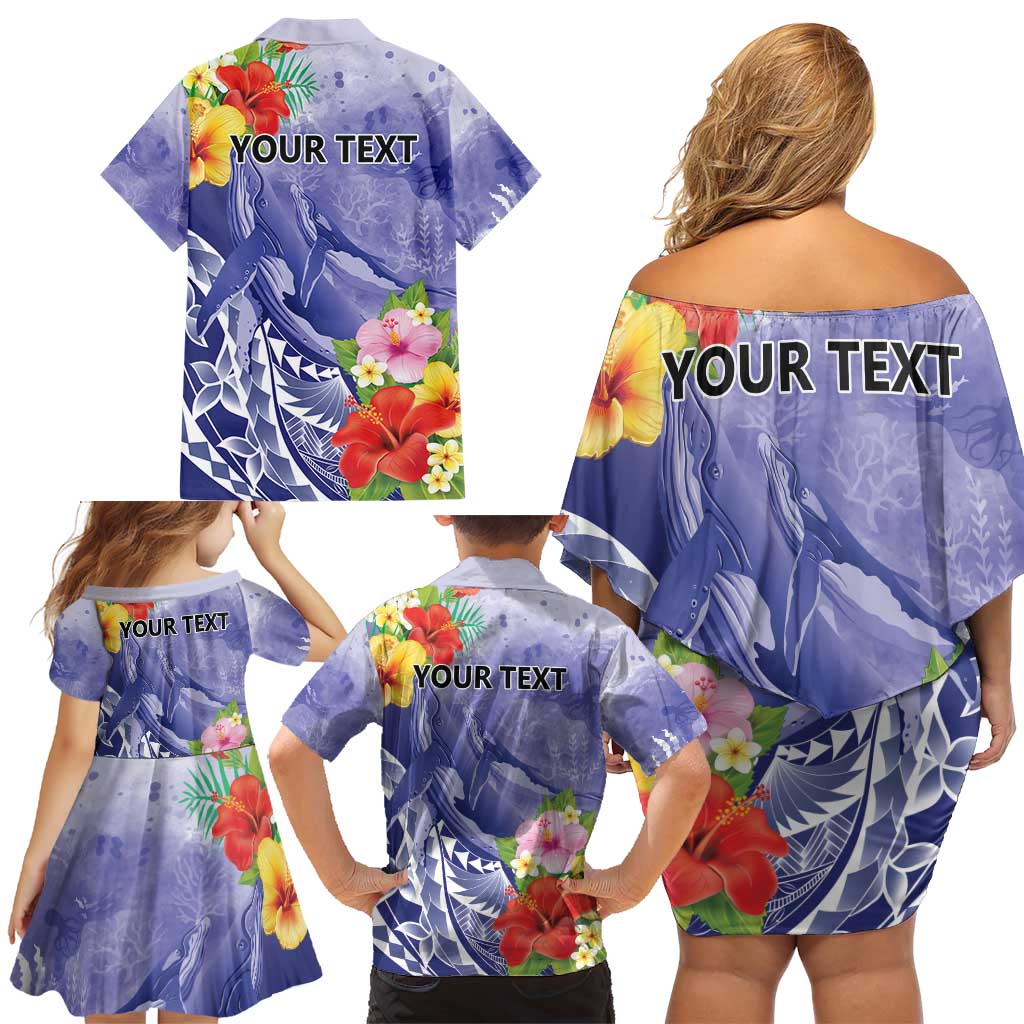 Personalised Chuuk States Humpback Whale Family Matching Off Shoulder Short Dress and Hawaiian Shirt Polynesian Tropical Flowers