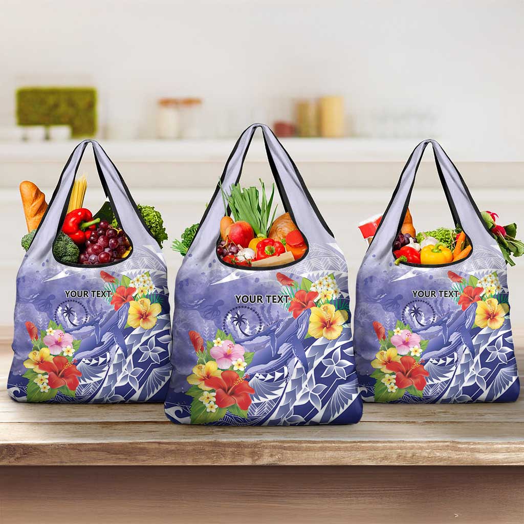 Personalised Chuuk States Humpback Whale Grocery Bag Polynesian Tropical Flowers