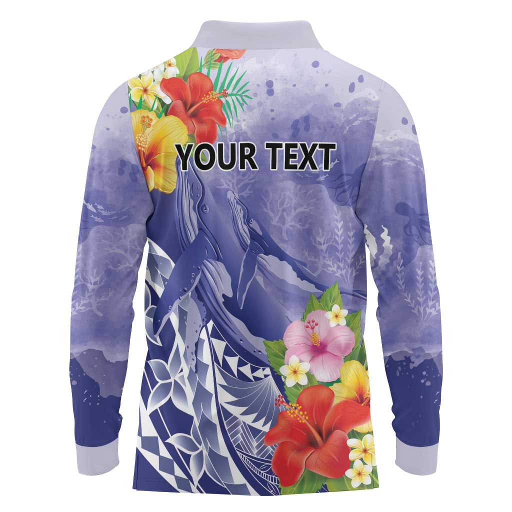 Personalised Chuuk States Humpback Whale Long Sleeve Polo Shirt Polynesian Tropical Flowers