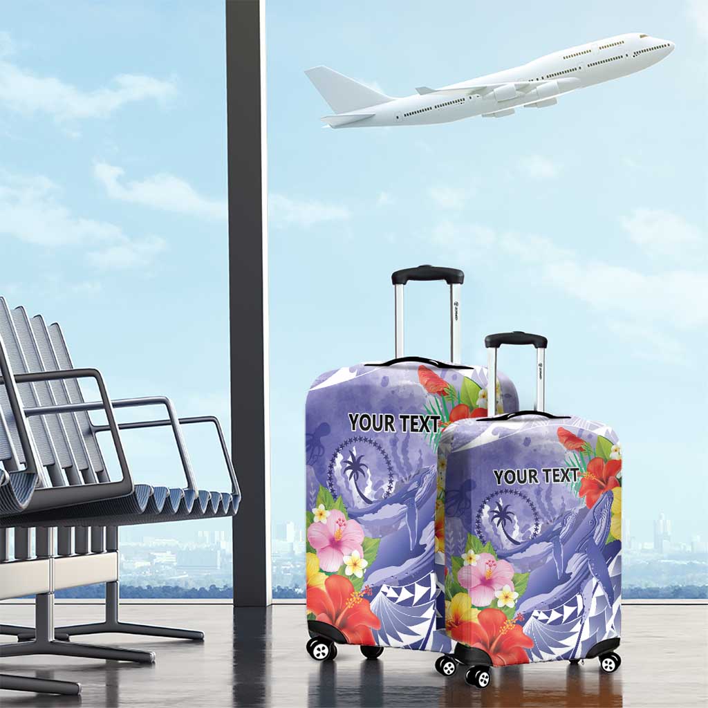 Personalised Chuuk States Humpback Whale Luggage Cover Polynesian Tropical Flowers