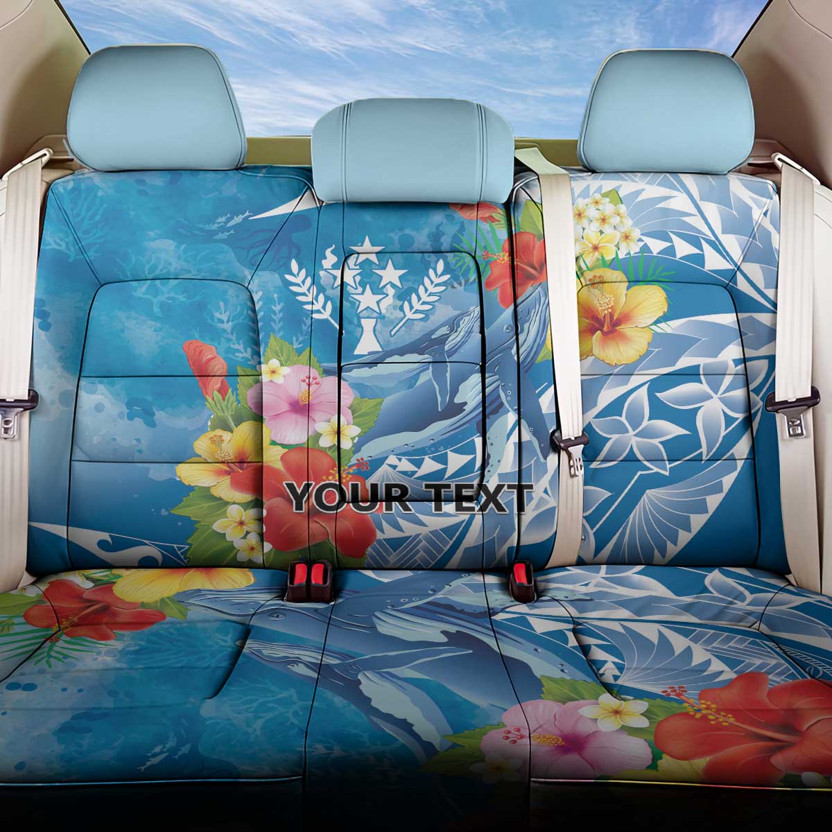 Personalised Kosrae States Humpback Whale Back Car Seat Cover Polynesian Tropical Flowers