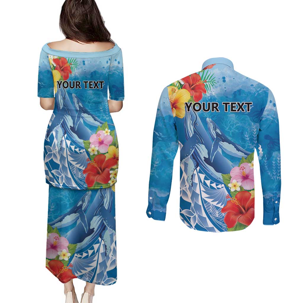 Personalised Kosrae States Humpback Whale Couples Matching Puletasi and Long Sleeve Button Shirt Polynesian Tropical Flowers