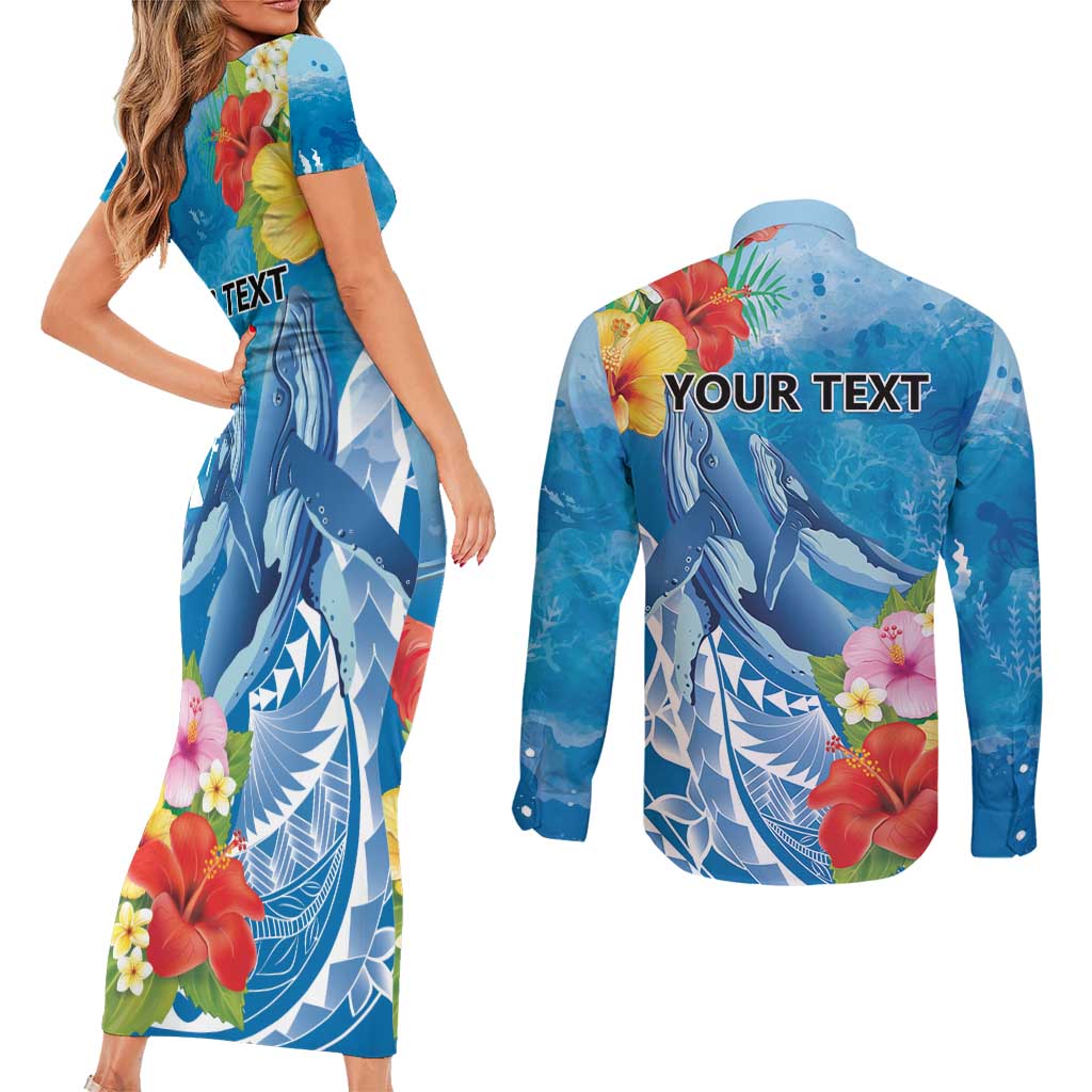 Personalised Kosrae States Humpback Whale Couples Matching Short Sleeve Bodycon Dress and Long Sleeve Button Shirt Polynesian Tropical Flowers
